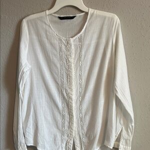 Zara White Long-Sleeve Lace Front Blouse